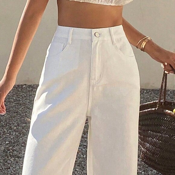 White Casual Women's Lace Patchwork Elegant Wide-Leg denim Jeans - Picture 3 of 7